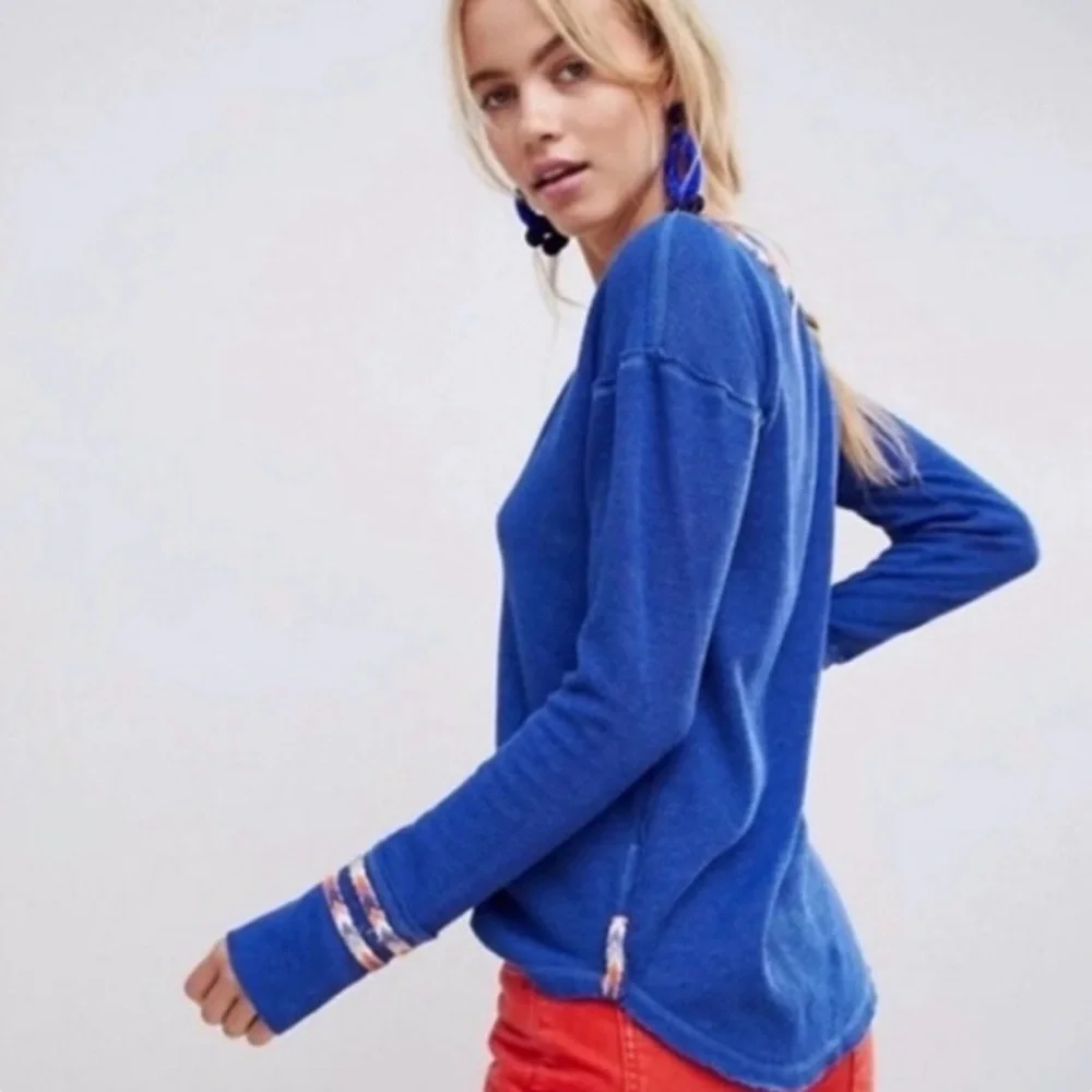We The Free Free People Blue Thermal Rainbow Trim Long Sleeve Henley Top small - Picture 2 of 10